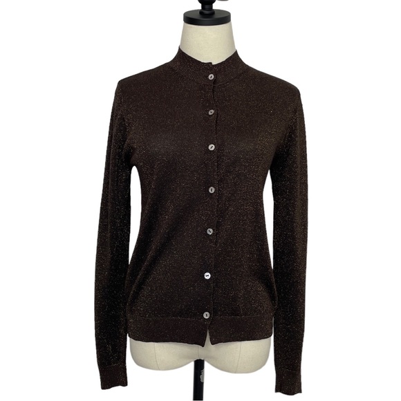 Via Condotti Crew Neck Cardigan Brown with Gold Metallic Flecks Size Medium - Picture 3 of 11